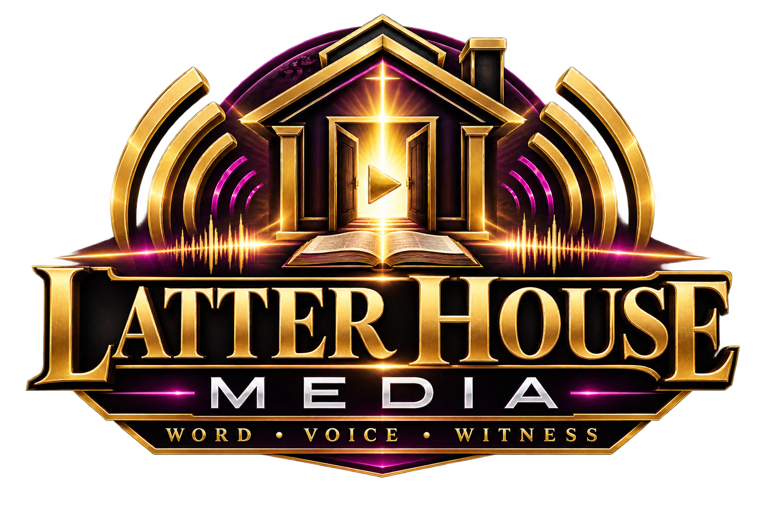 Official Latter House Media crest with the words Word, Voice, Witness