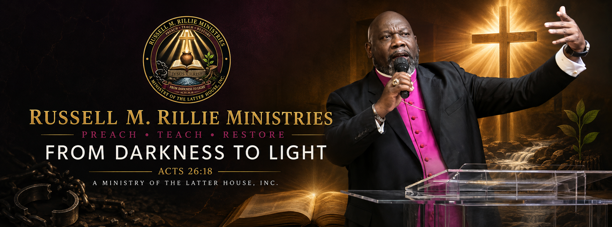 Russell M. Rillie Ministries banner featuring Bishop Russell M. Rillie preaching